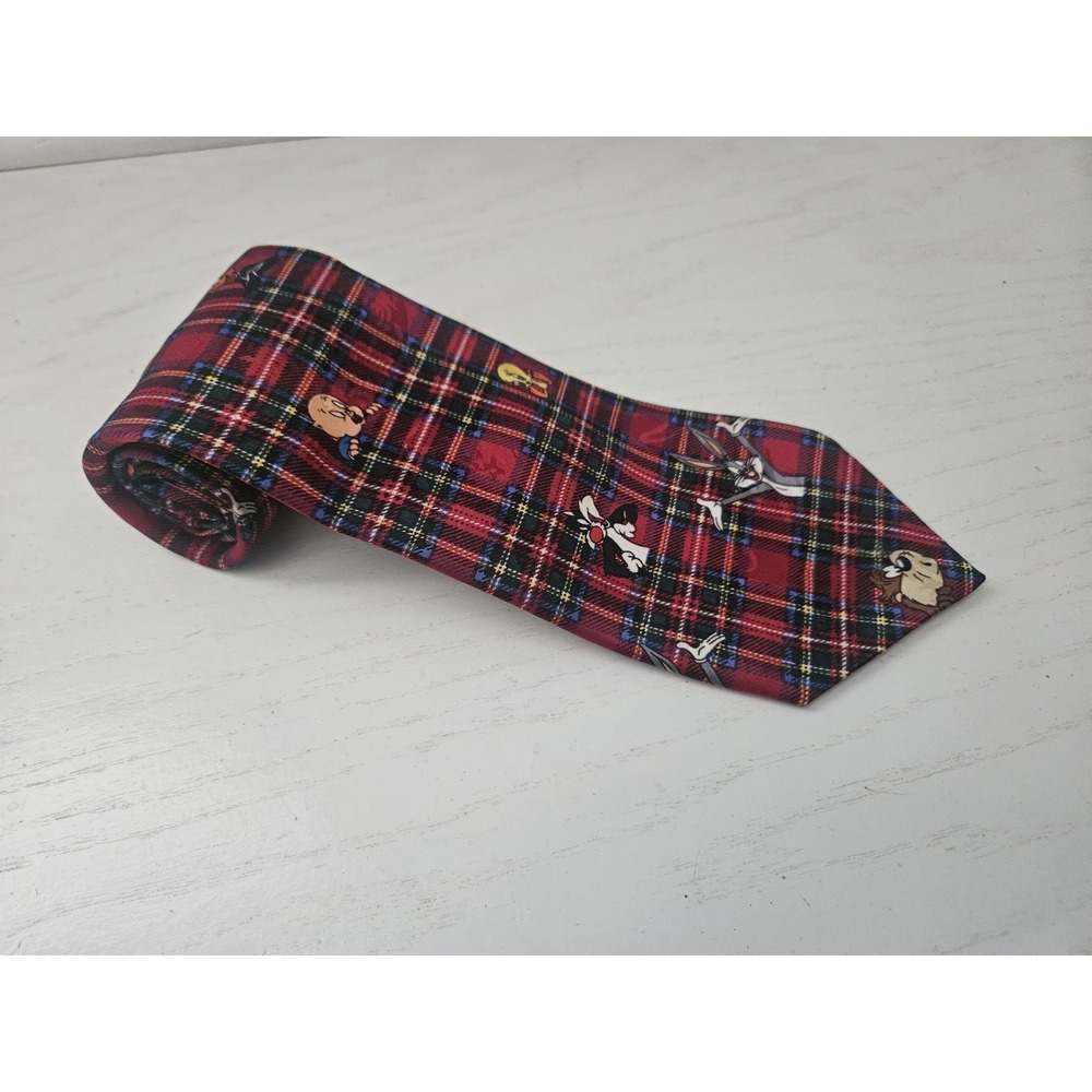 Vintage 1993 Looney Tunes Men Tartan Plaid Necktie Taz Bugs Daffy Porky Tweety